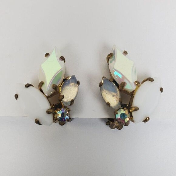 Vintage West Germany White Clear AB Crystal Rhinestone Glass Clip On Earrings - Picture 1 of 12